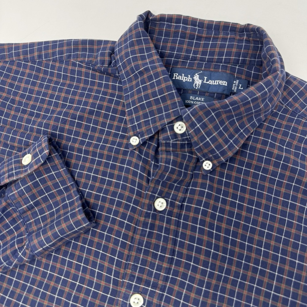 Ralph Lauren Button Down Mens L Navy Blue Plaid Blake 100% Cotton Long Sleeve